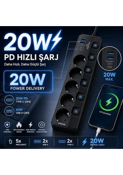 Akım Korumalı Priz, 5'li Priz Soketi, 5x Fiş Soketi, 20w Pd Hızlı Şarj, 2x Usb Girişi, 2x Type-c Girişi, Isıya 0