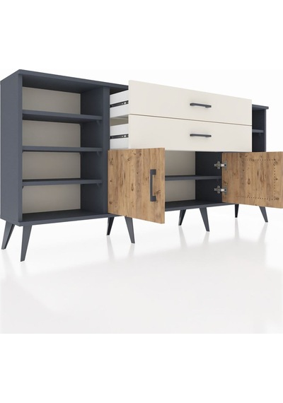 Arges Konsol 7 Raflı 2 Çekmeceli 2 Kapaklı 176x30x83 Antrasit-çam/aytaşı Çam/aytaşı
