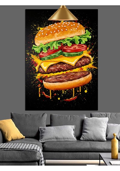 Üç Katlı Büyük Ve Lezzetli Hamburger Dekoratif Kanvas - Mdf Ahşap Tablo