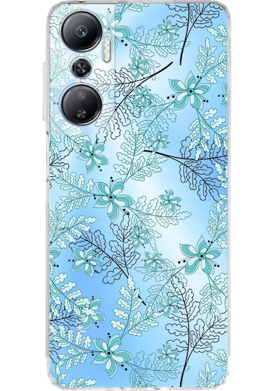 İnfinix Hot 20 Uyumlu Kamera Korumalı Floral Su Yeşili Tasarımlı Şeffaf Silikon Kılıf