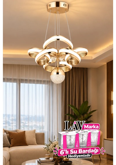 Çizgili Kasa Leydi Power Led Avize Rose Gold Modern Dekoratif Halka Tasarımlı Salon Ve Yemek Odası Aydınlatma