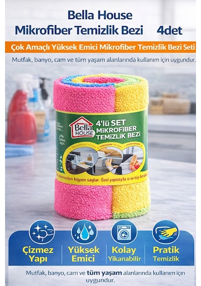 Bella House Mikrofiber Temizlik Bezi 4 Adet 4 Lü 1 Rulo Çok Amaçlı Yüksek Emici Mikrofiber Temizlik Bezi Seti Çok Renkli