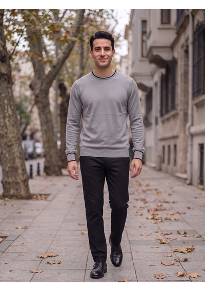 Maccali Erkek Gri Kontrast Şeritli Bisiklet Yaka Triko Sweatshirt