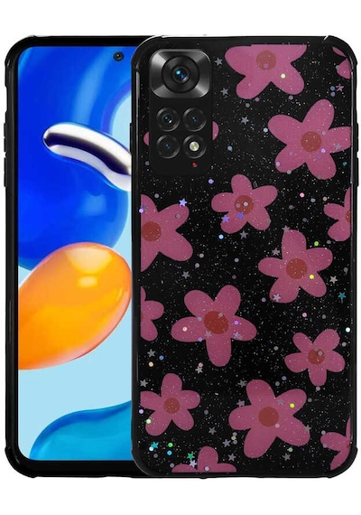 Goocamp Redmi Note 11 Global Kılıf Simli Desenli Kamera Korumalı Parlak Popy Kapak - Çiçek