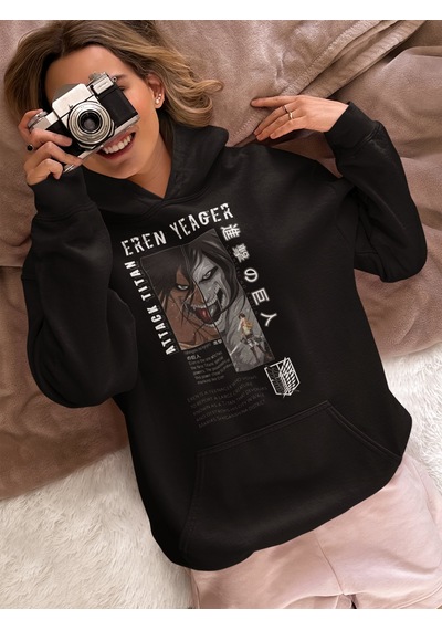 Sevbano Tasarım Eren Yeager Attack On Titan Baskılı Unisex Oversize Anime Siyah