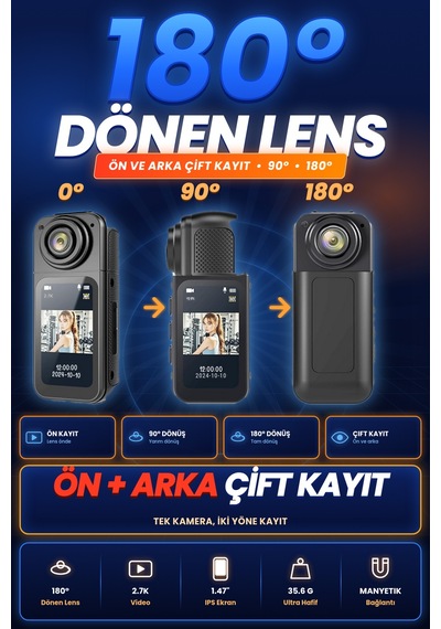 Blue Inter Smart Panora Aksiyon Kamera Döner Lensli Ekranlı Taşınabilir Vlog Kamerası Mini Spor Kamerası