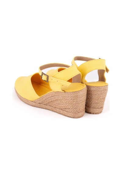 Star Tombis Gerçek Elişi Topuğu Açık Bilekten Bantlı Dolgu Topuk Keten Hasır Kadın Espadril Handmade Açık Sarı