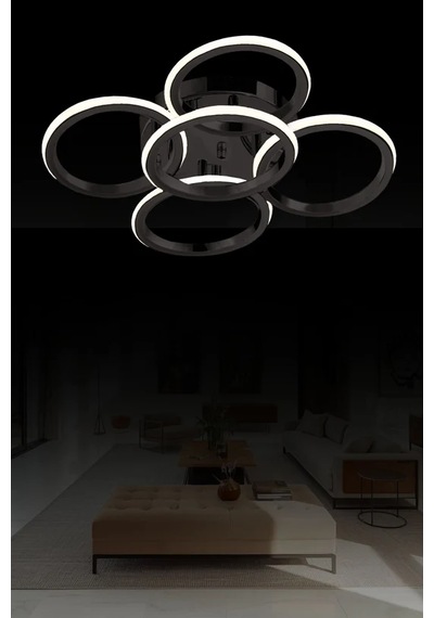 Orwin Lüks Modern 5 Halkalı Tavana Sıfır 50 Cm Led Plafonyer Avize Orw-p50-w70-mıx Siyah
