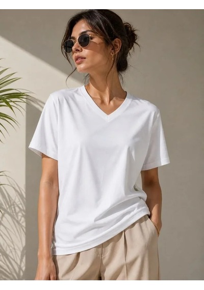 Efnaz Style V Yaka Basic Tişört Kısa Kol Yazlık Regular Fit T-shirt - Beyaz