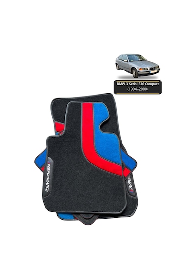 Oto Halı Paspas Seti Bmw 3 Serisi E36 Compact 1994 2000 Uyumlu Sport Kaymaz & Şık Tasarım - Si Yah Mavi Kirmizi