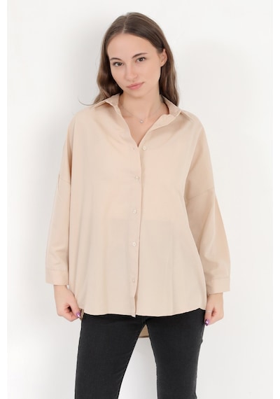 Giysa Kadın Bej Uzun Kollu Basic Pamuklu Oversize Gömlek - 3900 Bej
