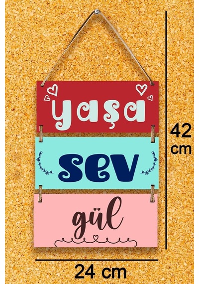 3'lü Mdf Tablo Seti, Yaşa Sev Gül Pozitif Yazı Süsü, Ev, Oturma Odası, Salon, Ofis Duvar Dekoru