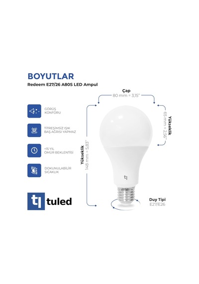 Redeem A80s E27 Led Ampul, Titreşimsiz, Göz Konforu, 1389 Lümen, Beyazı, 5000 Kelvin Standart