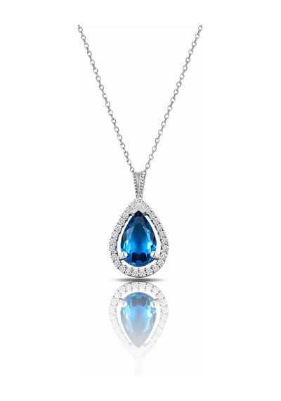 Çekirdekjewelry 925 Ayar Gümüş Damla Kesim Mavi Taşlı Kolye Rodyum Renk Işıltılı Tasarım Gümüş