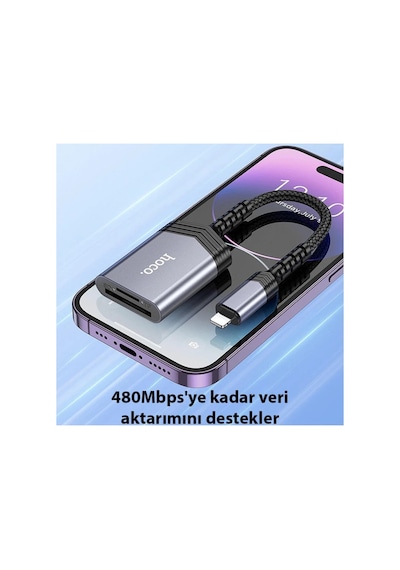 Hoco Ua25 2-in-1 Apple Uyumlu iPhone Lightning Kart Okuyucu- 5775 - Karbul5766-1008 Gri