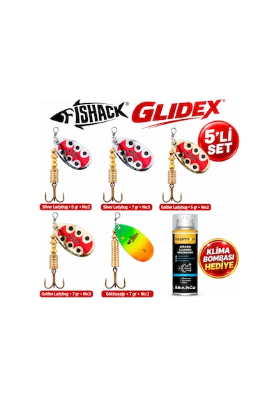 Fishack Glidex 5'li Döner Kaşık Seti + Klima Bombası - Silver Ladybug 5 Gr No:2 + Silver Ladybug 7 Gr No:3 + Golden Ladybug 5 Gr No:2 + Golden Ladybug 7 Gr No:3 + Gökkuşağı