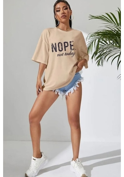 Unisex Not Today Baskılı T-shirt Bej