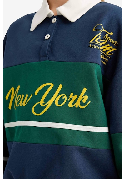 Defacto Kız Çocuk Relax Fit Polo Yaka Baskılı Okul Sweatshirt F7584a825aunv147 Lacivert
