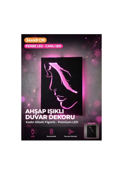 Ahşap Işıklı Duvar Dekoru Kadın Silüeti Figürlü Tablo 49x34 Cm