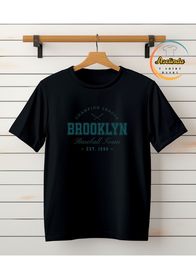 Aselinda Unisex Brooklyn Baskılı Pamuklu Bisiklet Yaka T-shirt Tişört Kombin Yapmak İçin 2 Ürün Ekleyiniz Siyah