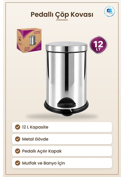 Çöp Kovası 12 L Metal Pedallı Açılır Kapanır Kapaklı Paslanmaz Mu