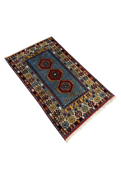 El Dokuma Sıfır Yahyalı Halısı 86x145 Kilim Modeli Mavi Kırmızı Kök Boya Halı