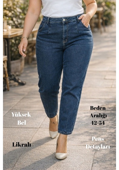 Cedy Denim Mom Fit Jean Büyük Beden Yüksek Bel Carrot Kesim Dar Paça Pileli Esnek Kot Pantolon C600 Mavi