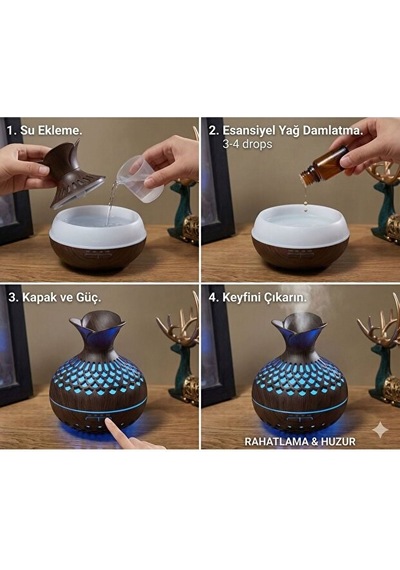 Premium Ahşap Desenli Ultrasonik Aromaterapi Difüzör & Hava Nemlendirici