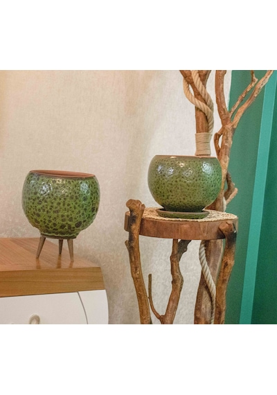 Bitki Tasarımı Ev Dekorasyon Yeşil Şekilli Artistik Çift Sırlı Tabaklı ve Ayaklı Toprak Saksı İkili Set