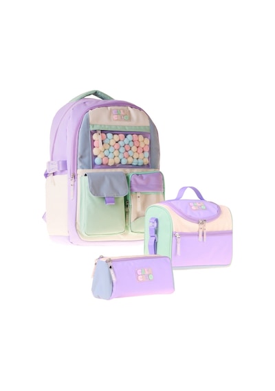 Calacilo Virgo Ponpon Aksesuarlı Yeşil - Lila Kız Çocuk Üçlü İlkokul Okul Çantası Seti - Setcc-c4092a