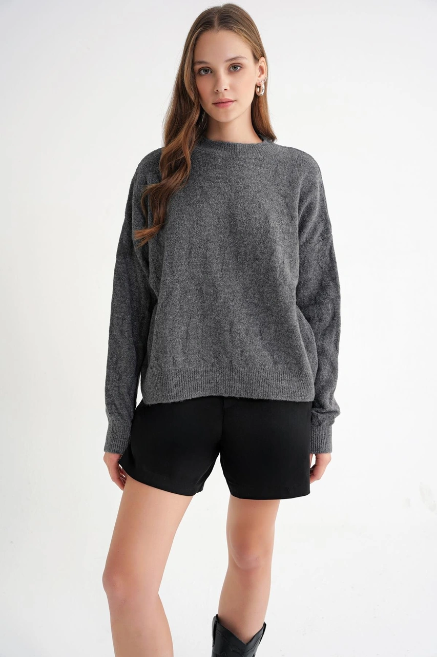 Mixray 6947 Kadın Kendinden Desenli Oversize Triko Kazak Antrasit