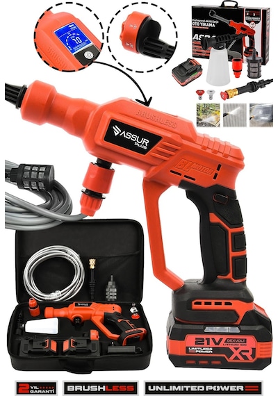 Assur Plus 21V Kömürsüz Motor Yüksek Basınçlı Akülü Oto Araba Yıkama Makinesi Şarjlı - 2855