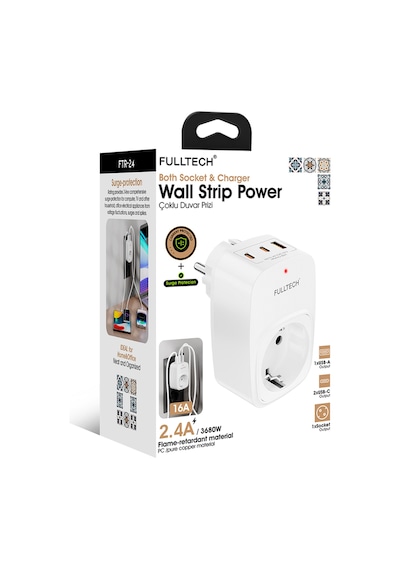 Fulltech Ftr-24 Çoklu Duvar Prizi 16a 3680w Beyaz 2x Usb-c + 1x Usb-a Şarjlı Priz Akım Korumalı Kablosuz