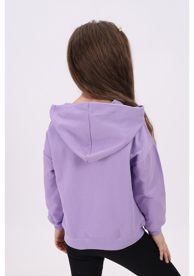 Kız Çocuk Oversize Kapüşonlu Düşük Omuz Baskılı Nervürlü Sweatshirt - 2 İplik Lila