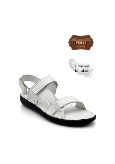 Sermoda Hakiki Gerçek Deri Cırtlı Erkek Sandalet Şırıngıl Beyaz