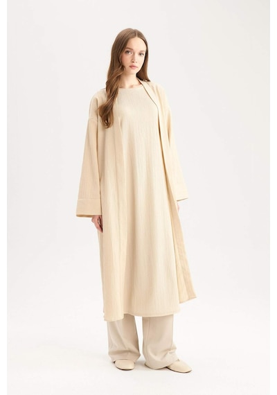 DeFacto Relax Fit Şal Yaka Krinkıl Kumaş Uzun Kimono E1816AX25SPBG757 Bej