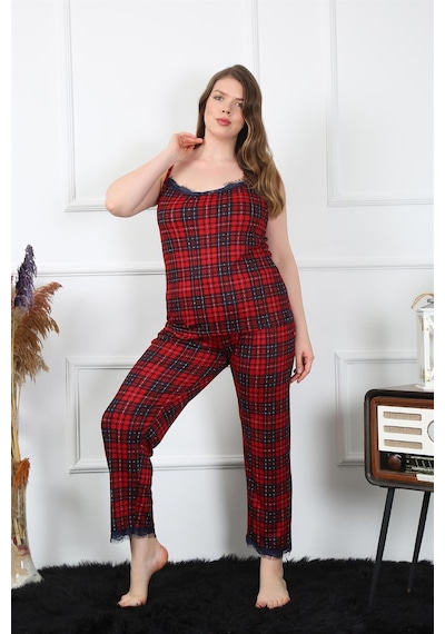 Akbeniz Kadın Büyük Beden Kırmızı Ekoseli İp Askılı Pijama Takım 202197 Kırmızı