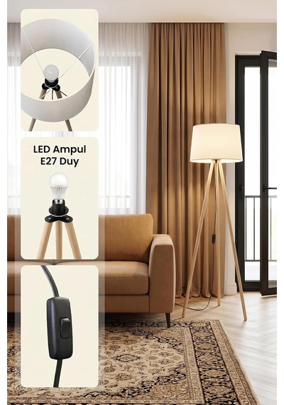 Tr Woody Tripod 3 Ayaklı Ahşap Zemin Lambaderi, Modern Salon Ve Oturma Odası Köşe Aydınlatması - Krem Ayaklı Diğer