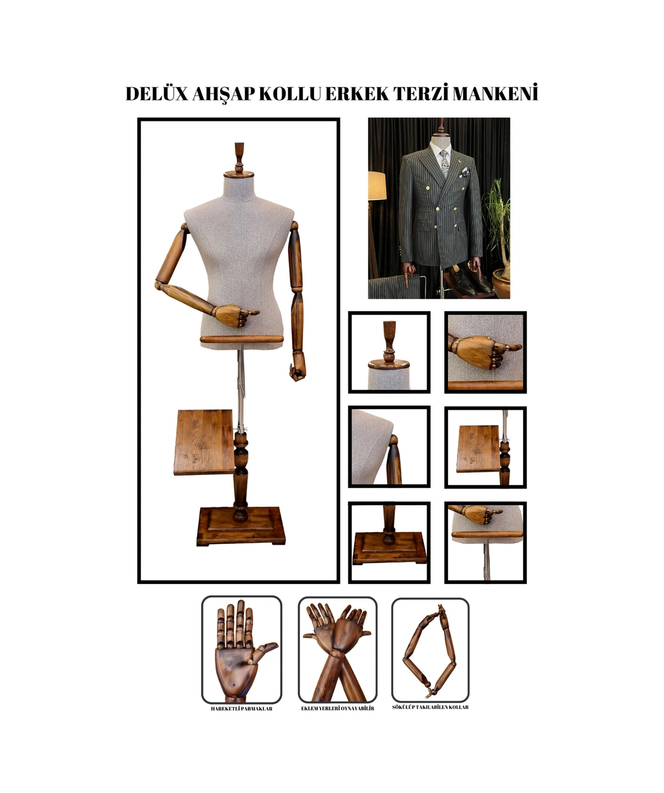 Delüx 48 Beden Erkek Ahşap Kollu Terzi Mankeni Vitrin Mankeni Cansız Manken