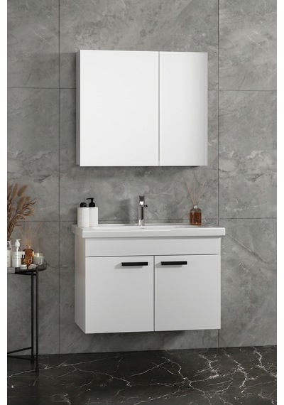 Çiğdem Kulplu 80 Cm Beyaz Mdf Seramik Lavabolu Asma Banyo Dolabı Takımı