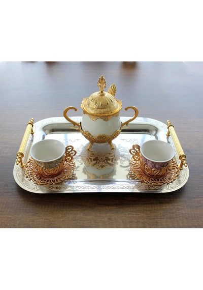 Paslanmaz Çelik Lüks Model Gold Desen Çay Kahve Tepsisi 34,5 X 24,5 Cm Altın - Gold