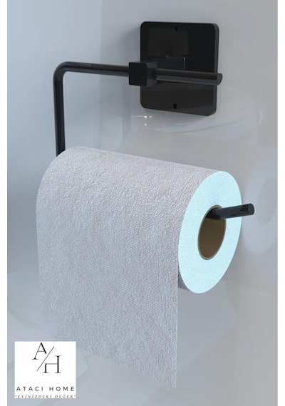 Atacı Yapışkanlı Siyah Uzun Havlu Askısı Kare Havluluk Havlu Askısı Wc Tuvalet Kağıtlık 3 Lü Banyo Set Siyah