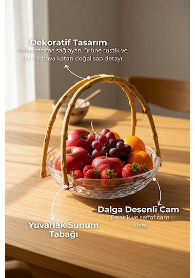 Cestino - Bambu Kulplu Cam Yuvarlak Sunum Tabağı Dalgalı Desen Şeffaf
