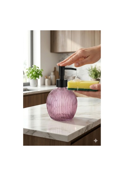 Çizgili Yuvarlak Siyah Pompalı Cam Sıvı Sabunluk - 500ml - 16x10x10 Cm Pembe