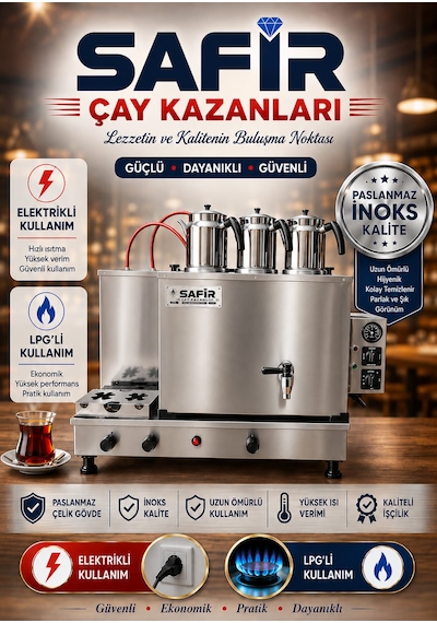 Safir 3 Demlikli İnoks Tam Otomatik Çay Kazanı Elektrikli Ve Tüplü Çay Ocağı Kazanı