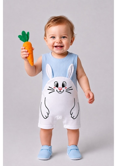 Babyden's Erkek Bebek Tavşan Desenli Yazlık Tulum Fitilli Pamuklu Kolsuz Bebek Tulumu Çıtçıtlı Romper 0-9 Ay Mavi