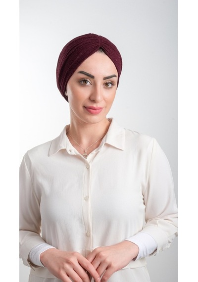 Hürrem Bone Bordo Pratik Hazır Geçmeli Tesettür Bone Fukuro Simli Büzgülü 211 Bordo