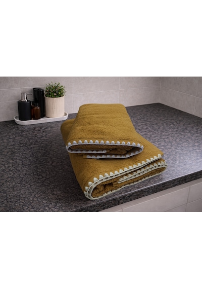 Krem İstiridye Dikişli %100 Pamuk Yumuşak Dokulu Yüksek Su Emici 2'li Banyo Havlu Seti 50x90-70x130 Hardal