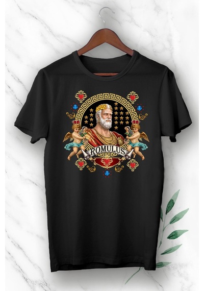 Flood Of Style Unisex Siyah Mitoloji Kral Romulus Baskılı Tişört