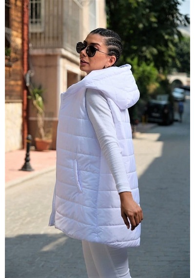 Veraura Lifestyle Beyaz Kapüşonlu Cepli Kolsuz Şişme Yelek